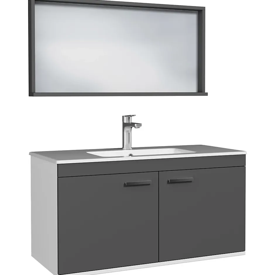 Saniverre Meuble salle de bain RUBITE simple vasque 2 portes Gris anthracite L. 100 cm + miroir cadre -