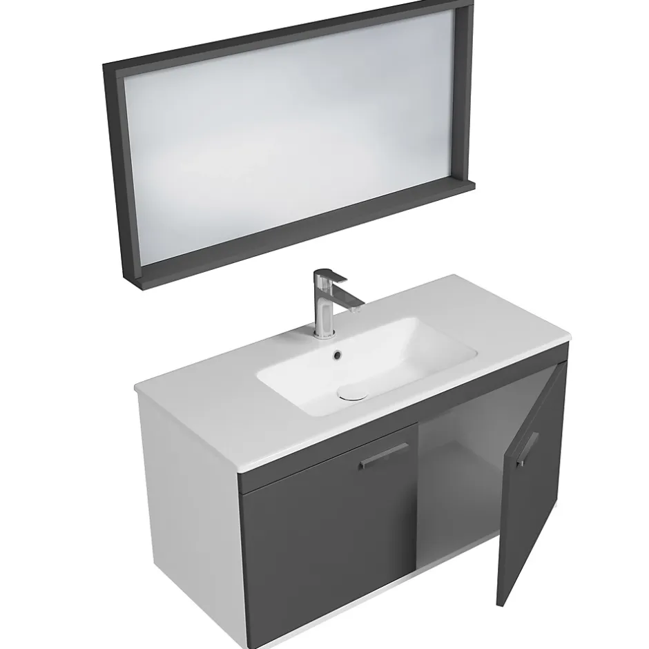 Saniverre Meuble salle de bain RUBITE simple vasque 2 portes Gris anthracite L. 100 cm + miroir cadre -