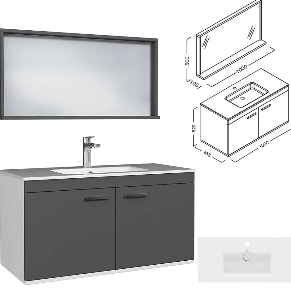 Saniverre Meuble salle de bain RUBITE simple vasque 2 portes Gris anthracite L. 100 cm + miroir cadre -