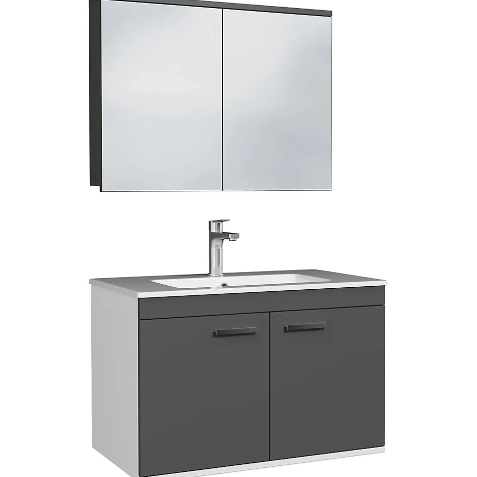 Saniverre Meuble salle de bain RUBITE simple vasque 2 portes Gris anthracite L. 80 cm + miroir armoire -