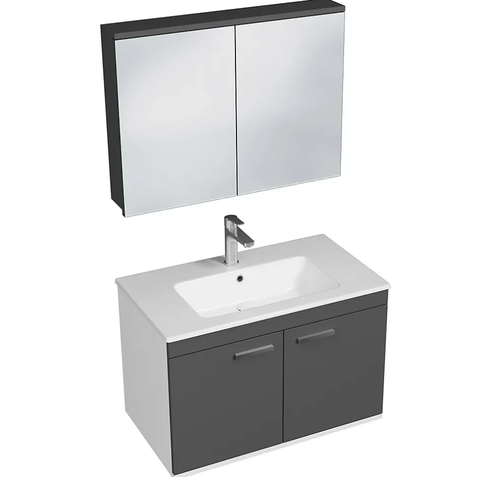 Saniverre Meuble salle de bain RUBITE simple vasque 2 portes Gris anthracite L. 80 cm + miroir armoire -