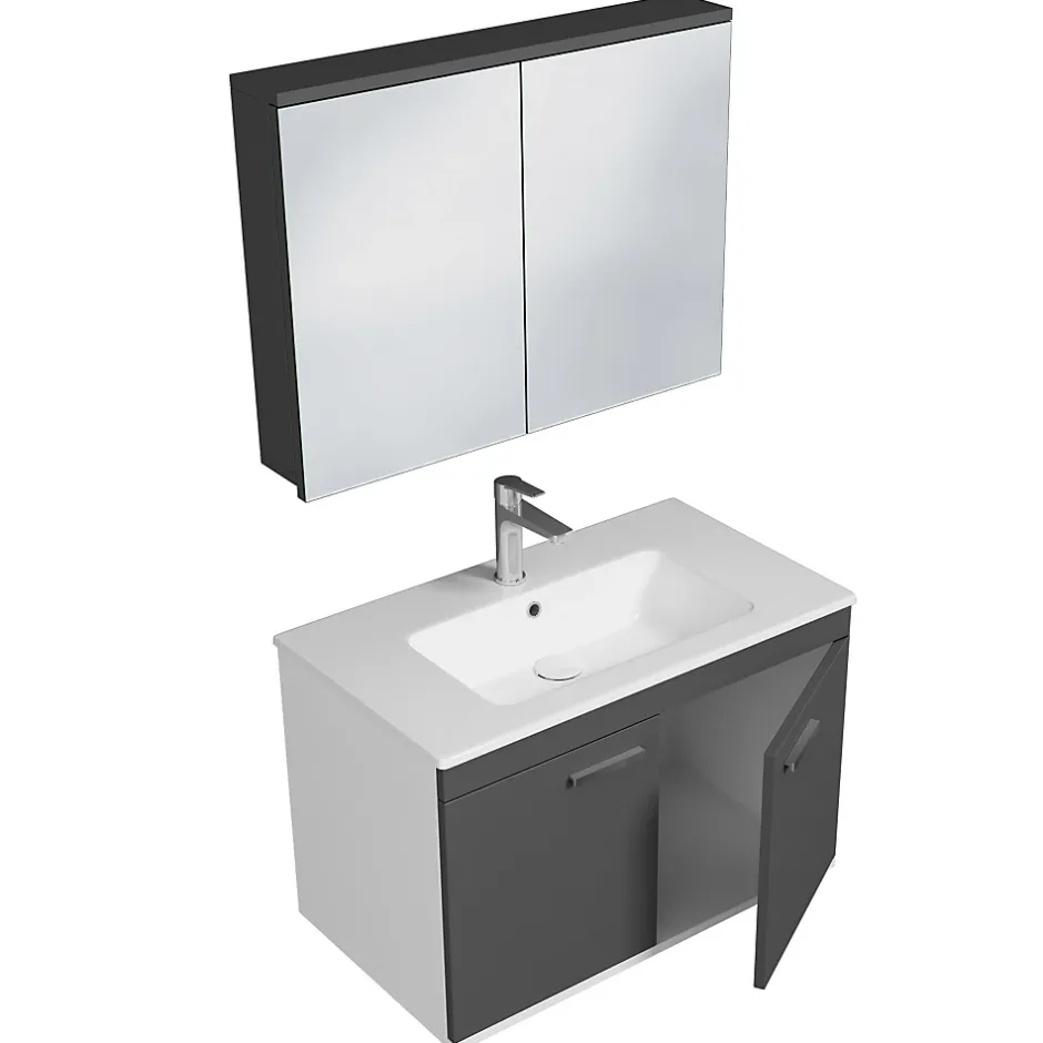 Saniverre Meuble salle de bain RUBITE simple vasque 2 portes Gris anthracite L. 80 cm + miroir armoire -