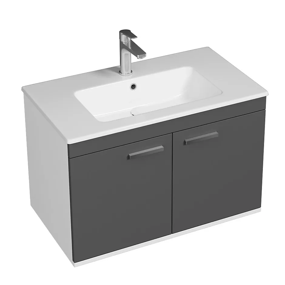 Saniverre Meuble salle de bain RUBITE simple vasque 2 portes Gris anthracite L. 80 cm + miroir armoire -