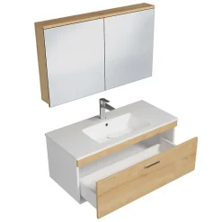 Saniverre Meuble salle de bain simple vasque RUBITE 1 tiroir Chêne clair L. 100 cm + miroir armoire -* Ensemble Meuble De Salle De Bains