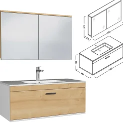 Saniverre Meuble salle de bain simple vasque RUBITE 1 tiroir Chêne clair L. 100 cm + miroir armoire -* Ensemble Meuble De Salle De Bains