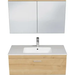 Saniverre Meuble salle de bain simple vasque RUBITE 1 tiroir Chêne clair L. 100 cm + miroir armoire -* Ensemble Meuble De Salle De Bains