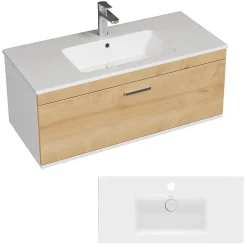 Saniverre Meuble salle de bain simple vasque RUBITE 1 tiroir Chêne clair L. 100 cm + miroir armoire -* Ensemble Meuble De Salle De Bains