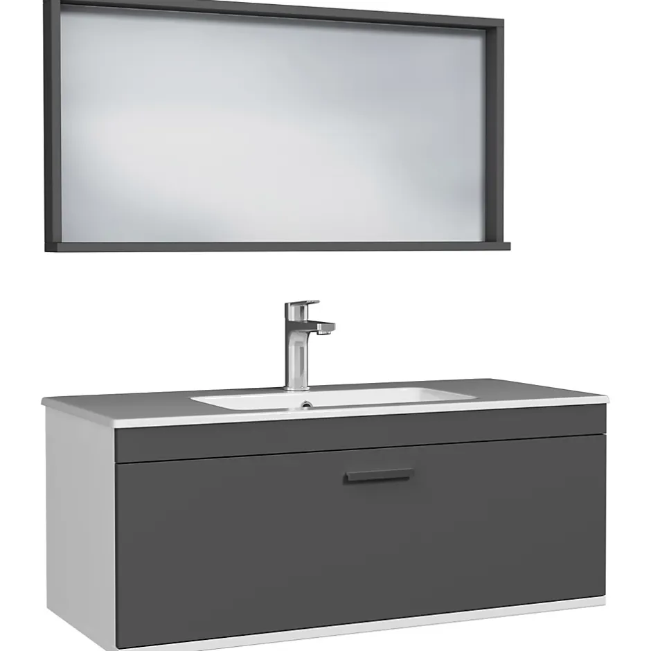 Saniverre Meuble salle de bain simple vasque RUBITE 1 tiroir Anthracite L. 100 cm + miroir cadre -* Ensemble Meuble De Salle De Bains