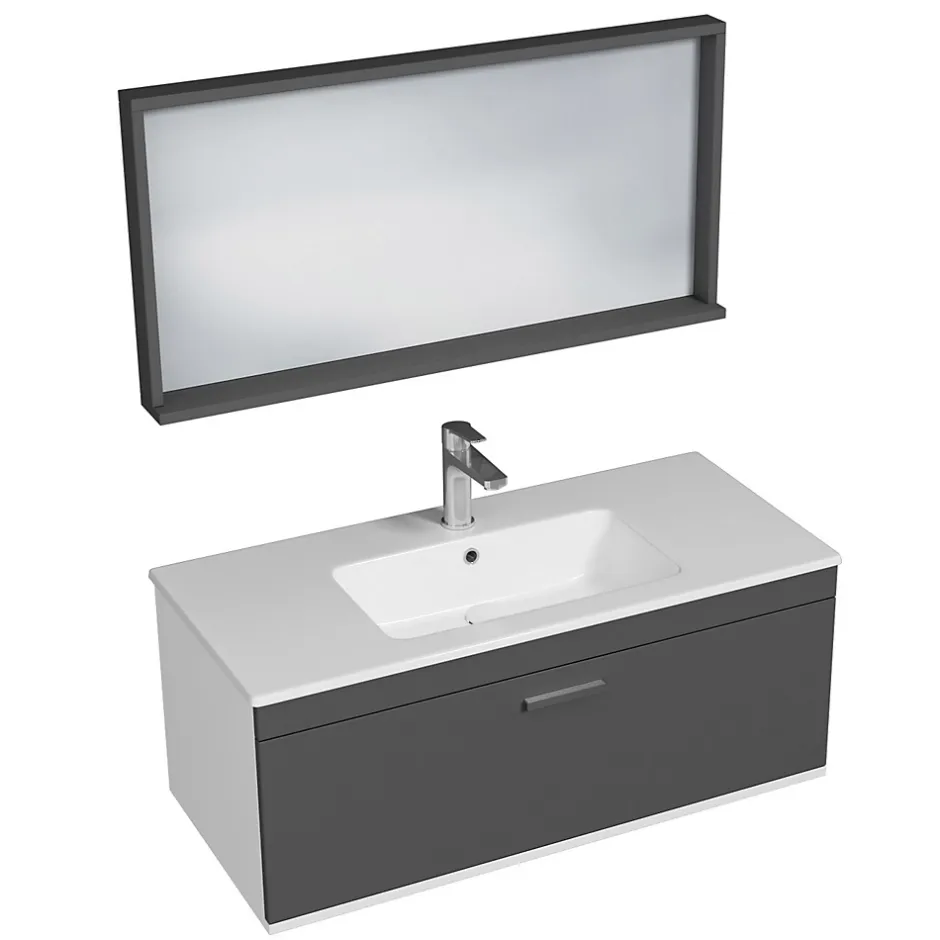 Saniverre Meuble salle de bain simple vasque RUBITE 1 tiroir Anthracite L. 100 cm + miroir cadre -* Ensemble Meuble De Salle De Bains