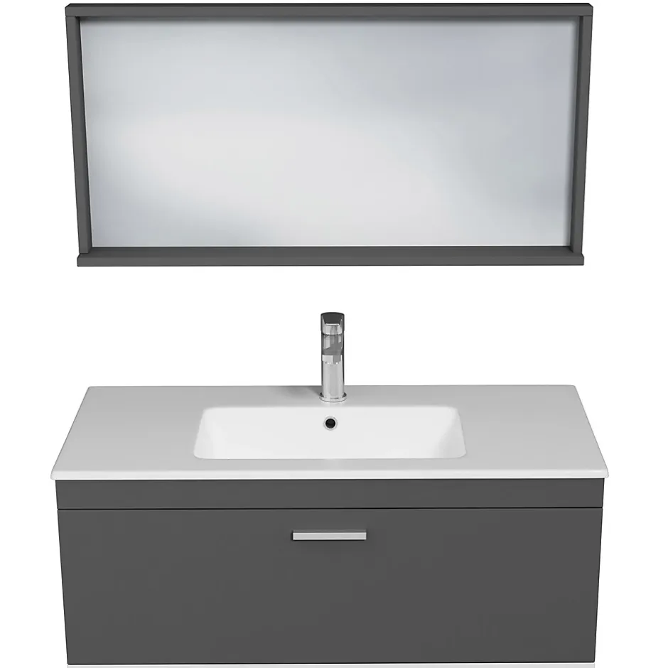Saniverre Meuble salle de bain simple vasque RUBITE 1 tiroir Anthracite L. 100 cm + miroir cadre -* Ensemble Meuble De Salle De Bains