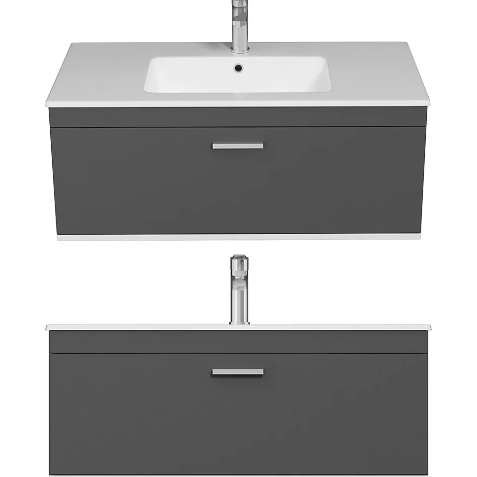 Saniverre Meuble salle de bain simple vasque RUBITE 1 tiroir Anthracite L. 100 cm + miroir cadre -* Ensemble Meuble De Salle De Bains