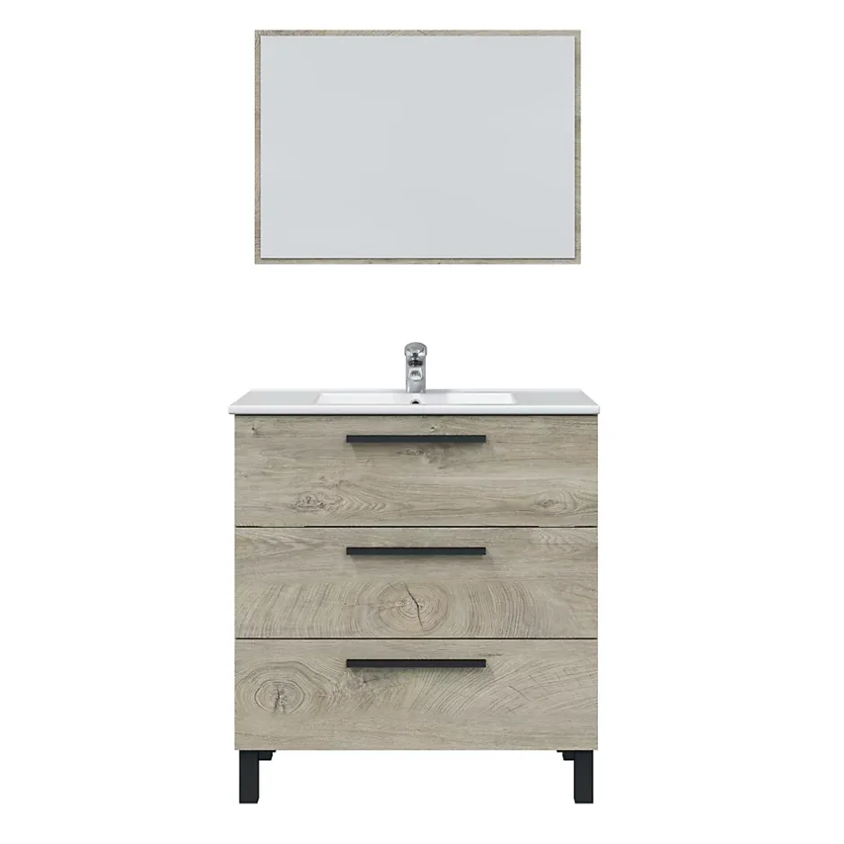 Pegane Meuble salle de bain sous vasque avec 3 Tiroirs + 1 Miroir coloris Alaska chêne - Longueur 80 x Profondeur 45 x Hauteur 86 cm
