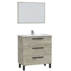 Pegane Meuble salle de bain sous vasque avec 3 Tiroirs + 1 Miroir coloris Alaska chêne - Longueur 80 x Profondeur 45 x Hauteur 86 cm