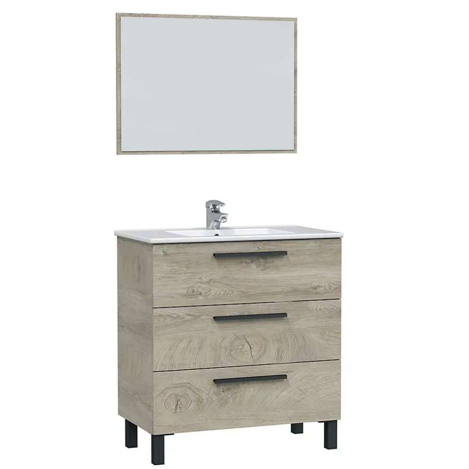 Pegane Meuble salle de bain sous vasque avec 3 Tiroirs + 1 Miroir coloris Alaska chêne - Longueur 80 x Profondeur 45 x Hauteur 86 cm