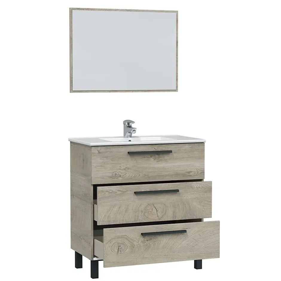 Pegane Meuble salle de bain sous vasque avec 3 Tiroirs + 1 Miroir coloris Alaska chêne - Longueur 80 x Profondeur 45 x Hauteur 86 cm
