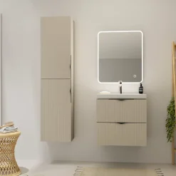 Planète Bain Meuble salle de bain strié - 60 cm - avec plan vasque - Beige cachemire mat - à suspendre - Tirso