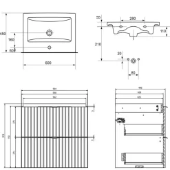 Planète Bain Meuble salle de bain strié - 60 cm - avec plan vasque - Beige cachemire mat - à suspendre - Tirso