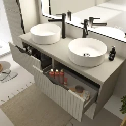 Planète Bain Meuble salle de bain strié 120 cm pour vasque à poser - Beige cachemire mat - à suspendre - Tirso* Meuble Vasque