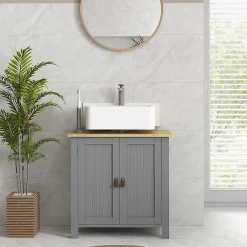 kleankin Meuble salle de bain sur pied - meuble sous-vasque - 2 portes, étagère - MDF panneaux aspect bois clair gris* Meuble Sous-Vasque