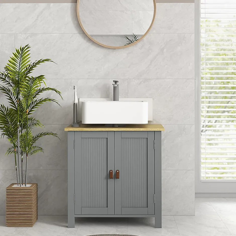 kleankin Meuble salle de bain sur pied - meuble sous-vasque - 2 portes, étagère - MDF panneaux aspect bois clair gris* Meuble Sous-Vasque
