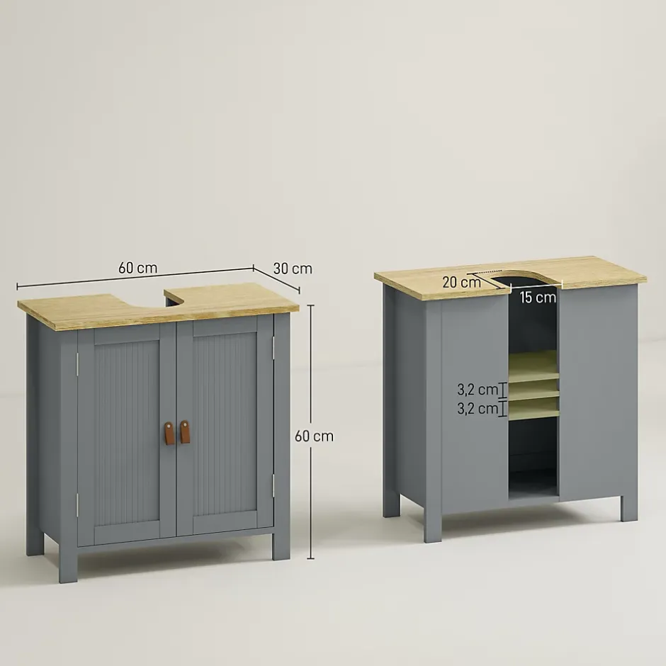 kleankin Meuble salle de bain sur pied - meuble sous-vasque - 2 portes, étagère - MDF panneaux aspect bois clair gris* Meuble Sous-Vasque