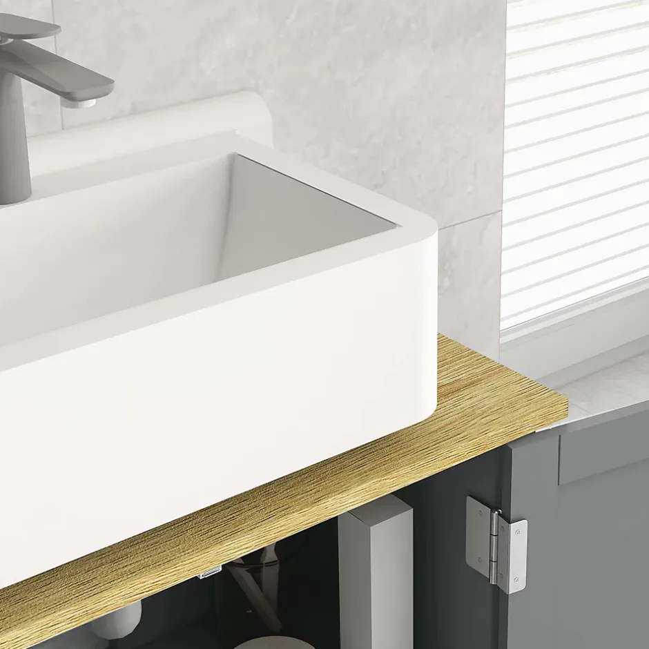 kleankin Meuble salle de bain sur pied - meuble sous-vasque - 2 portes, étagère - MDF panneaux aspect bois clair gris* Meuble Sous-Vasque