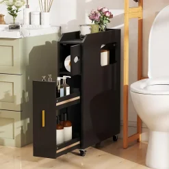 Giantex Meuble Salle de Bain Étroit,avec Support pour Papier Toilette,2 Tiroir, 2 Roue, Poignée Pratique,pour Buanderie, Toilette (Noir)* Armoire De Salle De Bains