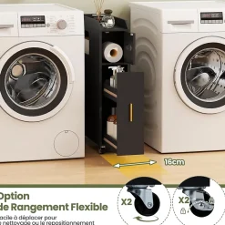 Giantex Meuble Salle de Bain Étroit,avec Support pour Papier Toilette,2 Tiroir, 2 Roue, Poignée Pratique,pour Buanderie, Toilette (Noir)* Armoire De Salle De Bains