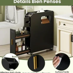 Giantex Meuble Salle de Bain Étroit,avec Support pour Papier Toilette,2 Tiroir, 2 Roue, Poignée Pratique,pour Buanderie, Toilette (Noir)* Armoire De Salle De Bains