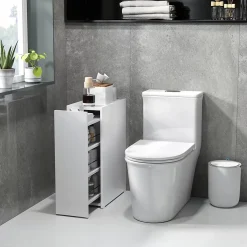 ProximaX Meuble salle de bain étroit blanc à roulettes, meuble WC et d'appoint avec tiroir 3 compartiments et niche, idéal petits espaces* Meuble Wc