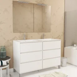 Aurlane Meuble Salle de Bains 120 cm Laqué Blanc 6 Tiroirs, Vasque, Miroirs 60x80 et Réglettes Led - XENOS* Meuble Vasque