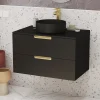 Aurlane Meuble Salle de Bains 80 cm Laqué Noir Mat et Or Doré - 2 Tiroirs - Vasque Ronde à Poser Noire