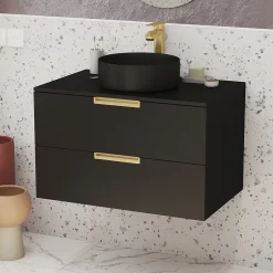 Aurlane Meuble Salle de Bains 80 cm Laqué Noir Mat et Or Doré - 2 Tiroirs - Vasque Ronde à Poser Noire