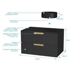 Aurlane Meuble Salle de Bains 80 cm Laqué Noir Mat et Or Doré - 2 Tiroirs - Vasque Ronde à Poser Noire