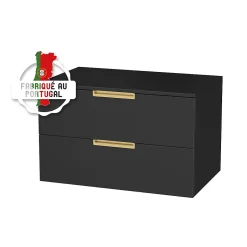 Aurlane Meuble Salle de Bains 80 cm Laqué Noir Mat et Or Doré - 2 Tiroirs - Vasque Ronde à Poser Noire