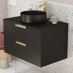 Aurlane Meuble Salle de Bains 80 cm Laqué Noir Mat et Or Doré - 2 Tiroirs - Vasque Ronde à Poser Noire