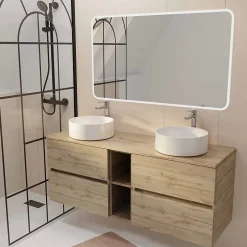 Aurlane Meuble Salle de Bains 140 TIMBER Décor Chêne 4 Tiroirs et Module Vasques Blanches Miroir LED 120x70* Ensemble Meuble De Salle De Bains