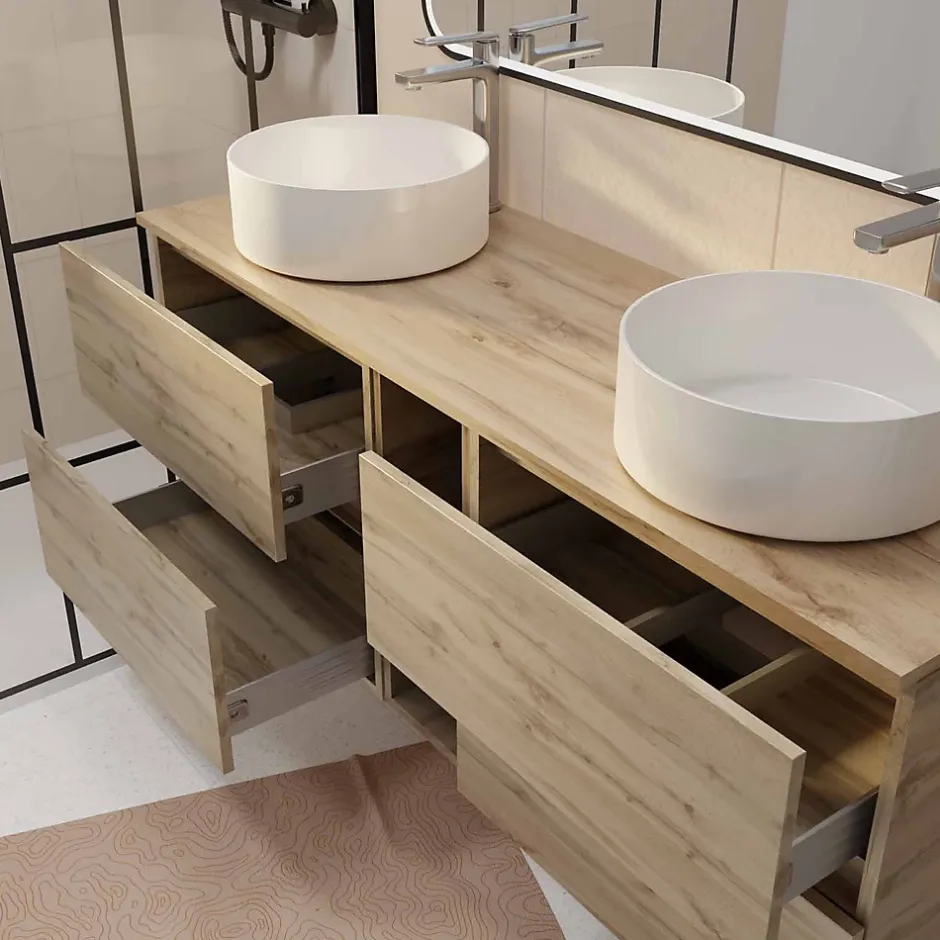 Aurlane Meuble Salle de Bains 140 TIMBER Décor Chêne 4 Tiroirs et Module Vasques Blanches Miroir LED 120x70* Ensemble Meuble De Salle De Bains