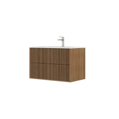 Aurlane Meuble Salle de Bains 60cm 2 Tiroirs Décor Chêne et Noir Cranté - Vasque Blanche Mate - YUKI