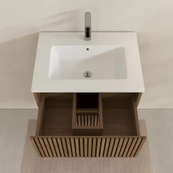 Aurlane Meuble Salle de Bains 60cm 2 Tiroirs Décor Chêne et Noir Cranté - Vasque Blanche Mate - YUKI
