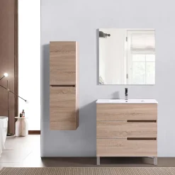 Top Bath Meuble Salle de Bains JUPITER 80 3 tiroir avec miroir simple et plan céramique, finition effet chene naturel* Ensemble Meuble De Salle De Bains