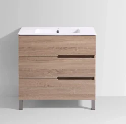 Top Bath Meuble Salle de Bains JUPITER 80 3 tiroir avec miroir simple et plan céramique, finition effet chene naturel* Ensemble Meuble De Salle De Bains