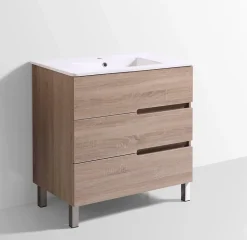 Top Bath Meuble Salle de Bains JUPITER 80 3 tiroir avec miroir simple et plan céramique, finition effet chene naturel* Ensemble Meuble De Salle De Bains
