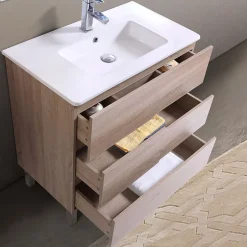 Top Bath Meuble Salle de Bains JUPITER 80 3 tiroir avec miroir simple et plan céramique, finition effet chene naturel* Ensemble Meuble De Salle De Bains