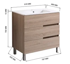 Top Bath Meuble Salle de Bains JUPITER 80 3 tiroir avec miroir simple et plan céramique, finition effet chene naturel* Ensemble Meuble De Salle De Bains