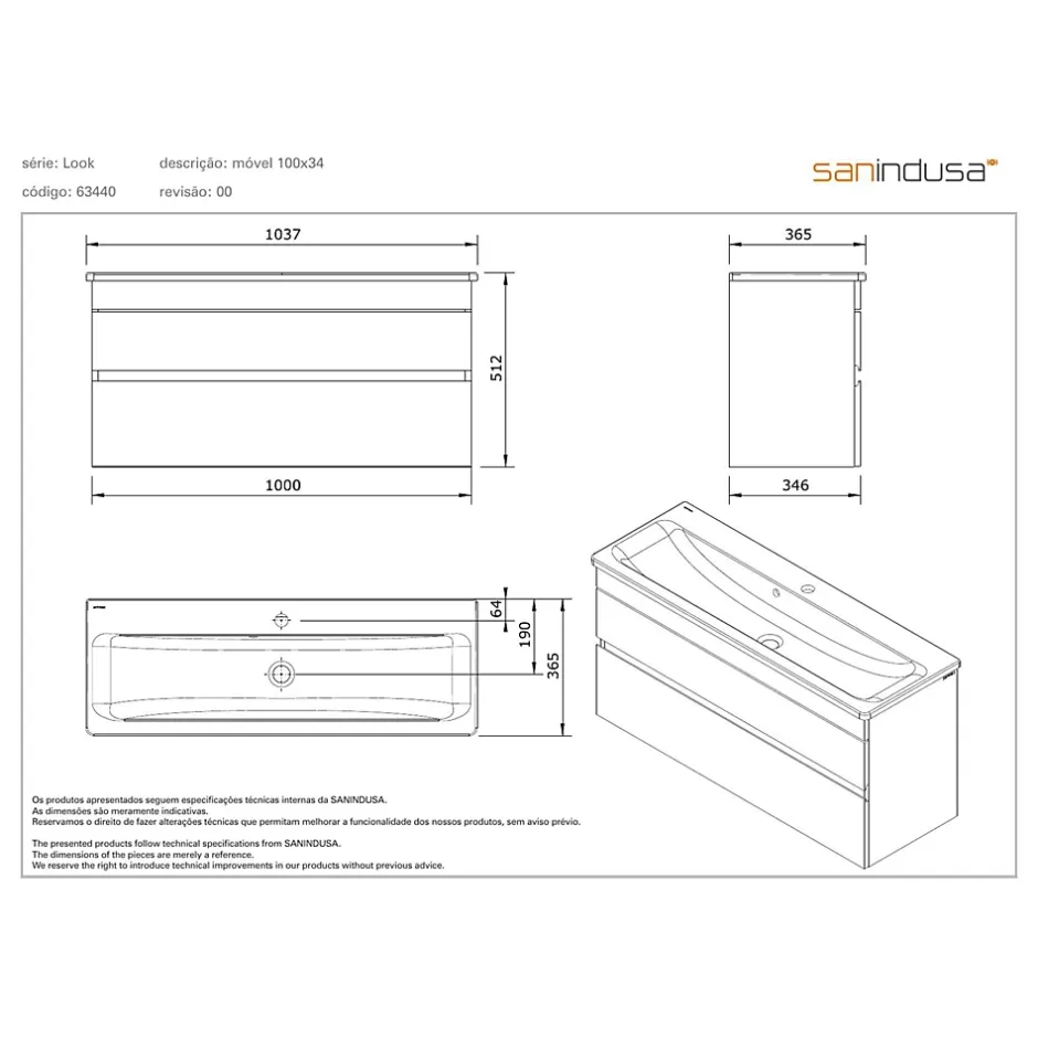 Sanindusa Meuble salle de bains suspendu 100x36 Look slow close blanc (vasque Look en option non inclus)* Meuble Sous-Vasque