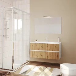 Kiamami Valentina Meuble Salle De Bains Suspendu 100Cm Blanc Avec Tiroirs Chêne Doré Canné - Salina* Ensemble Meuble De Salle De Bains