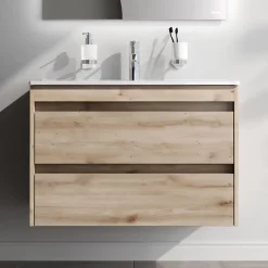 Am.Pm Europe Meuble salle de bains suspendu 80 cm effet bois clair avec lavabo intégré, 2 tiroirs, design, chêne clair texturé AM.PM