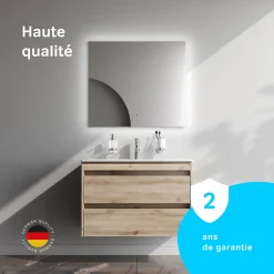 Am.Pm Europe Meuble salle de bains suspendu 80 cm effet bois clair avec lavabo intégré, 2 tiroirs, design, chêne clair texturé AM.PM