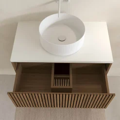 Aurlane Meuble Salle de Bains YUKI 80 2 Tiroirs Décor Chêne et Noir Cranté - Plan et Vasque Blanche Mate